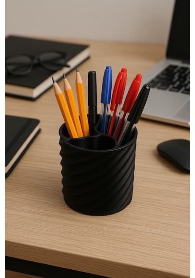 Spiral Desenli 3 Bölmeli Makyaj Kutusu Kalemlik/makyaj Organizeri 3 Bölmeli Kalem Kutusu - Özel Tasarım Dayanıklı 3d Baskı - Pla Hammadde Siyah