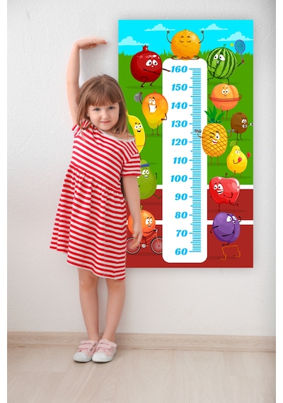 Sporcu Meyveler Temalı Dekoratif Çocuk Boy Ölçer Sticker Duvar Cetveli Takip Çizelgesi Kırmızı