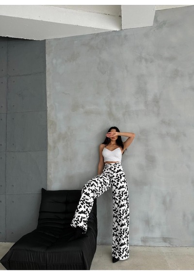 Zeo Basic Baggy Pantolon Beyaz&siyah İnek Desenli Beyaz-siyah