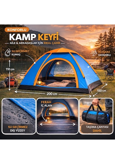 Büro Ev Ofis Kamp Keyfi İçin 200x150x110cm 3kişilik Manuel Kurulum Taşıma Çantalı Doğa Çadırı Diğer