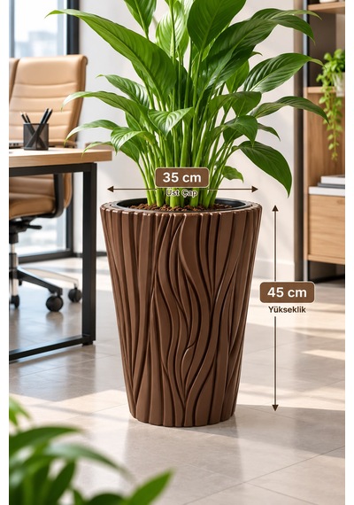 Ağaç Desenli Kahverengi Büyük Saksı 45 Cm 35 Cm Üst Çaplı Dekoratif İç Saksılı Salon Ve Ofis Saksısı -