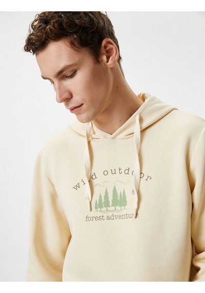 Koton Slogan Baskılı Hoodie Kanguru Cepli Manzara Detaylı Ekru 4wam70214mk Ekru