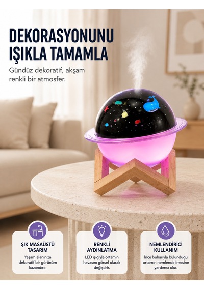 Projektör Işıklı, Aromaterapi Uyumlu Mini Masaüstü Hava Nemlendirici Cihaz - Lisinya
