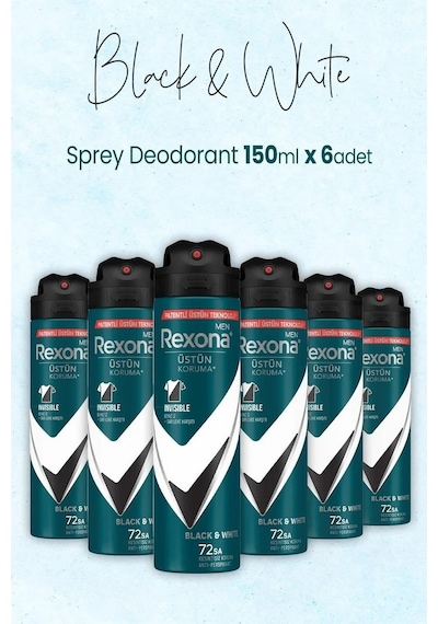 Rexona Black & White Invisible 72 Saat Erkek Sprey Deodorant 6 x 150 ML