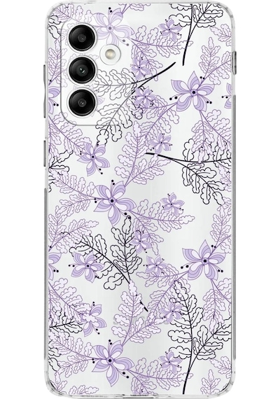 Samsung Galaxy Uyumlu M13 Kamera Korumalı Kapak Floral Lila Tasarımlı Şeffaf Kılıf
