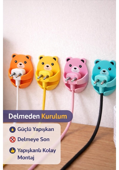 1 Adet Yapışkanlı Ayı Desenli Kablo Organizeri Fiş Askısı Priz Düzenleyici