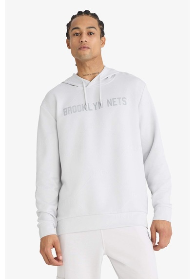 Defacto NBA Brooklyn Nets Standart Fit Kapüşonlu Jakarlı Sweatshirt C8916AX24AU Gri