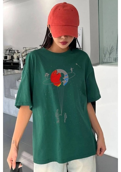 Unisex Evren Temalı Baskılı T-shirt Yeşil