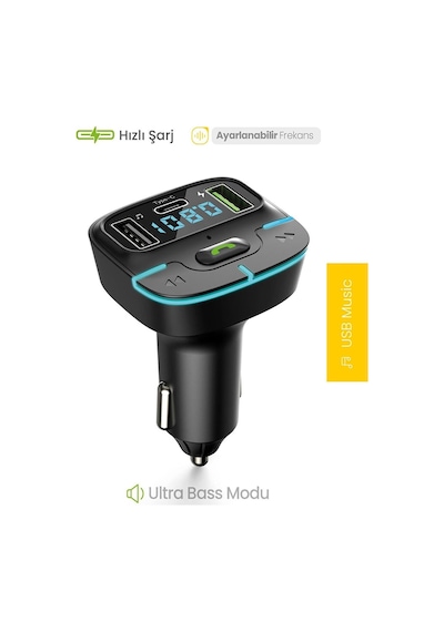 Pdateknoloj F9 Araç Fm Transmitter 5.3 Bluetooth Araç Kiti Usb Type-c Hızlı Şarj Çıkışlı Çakmak