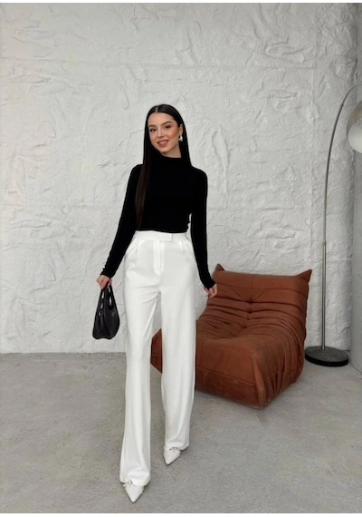Satenmoda E&b Design Kadın Yüksek Bel Cırt Detay Palazzo Pantolon Beyaz