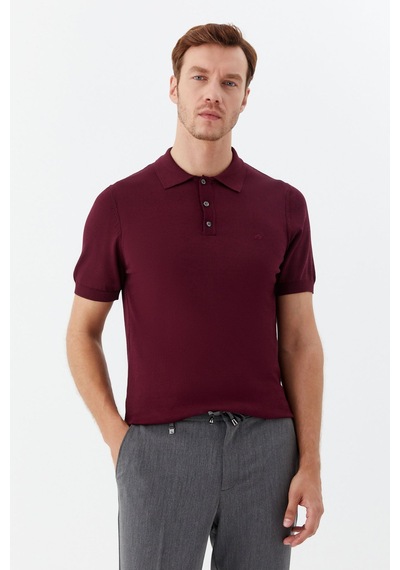 Sabri Özel Erkek Bordo Normal Kesim Regular Fit Viskon Dokuma Düğmeli Polo Yaka Tişört