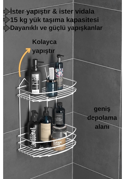 Teknotel Banyo Düzenleyici Şampuanlık Sabunluk 2 Katlı Yapışkanlı Banyo Duş Rafı Beyaz St008 Beyaz