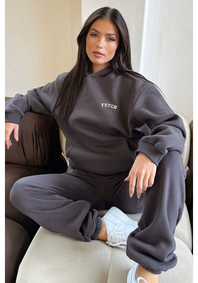 Fetch Eşofman Takımı Sweatshirt Jogger - Füme Baskılı Oversize Şardonlu Kapüşonlu Gri