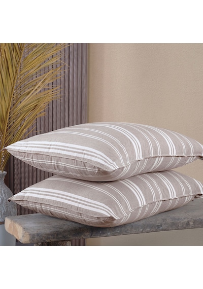 Pamuklu İpliği Boyalı Yıkamalı Kapaklı Yastık Kılıfı 2 Li Set 50x70 Cm Çift İğne Detaylı Bej