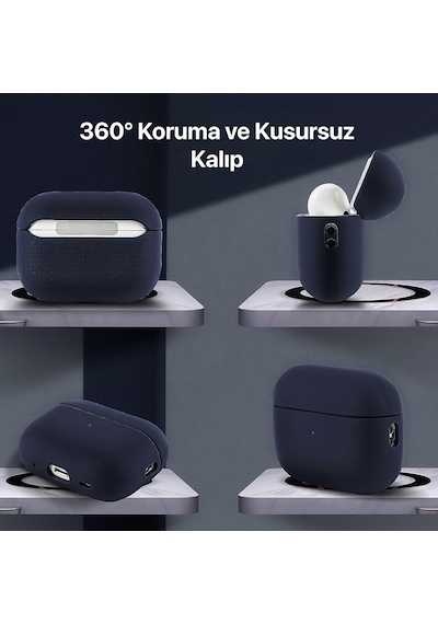 Airpods 4. Ve 5. Nesil İle Uyumlu Leather Skin Serisi Parmak İzi Tutmayan Dış Yüzeye Sahip Ve Mükemmel Koruma Sağlayan Orta Sertlikte Silikon Kılıf Lacivert, Airpods 4/5