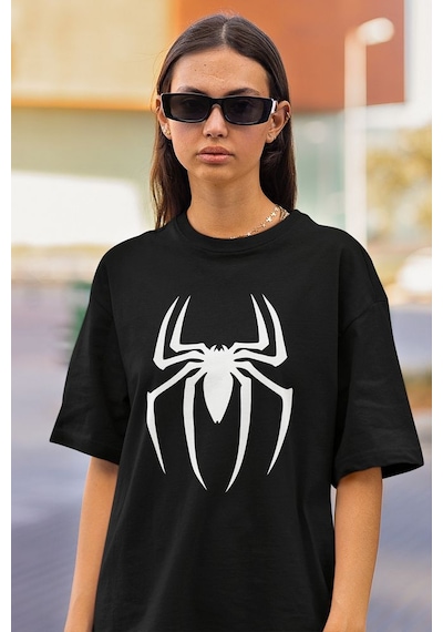 Spider-man Logo Baskılı Tişört, Oversize Marvel Tişört Siyah