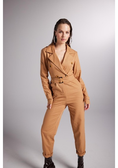 Holly Lolly Vatkalı Kemer Detaylı Gabardin Solano Tulum Kahverengi Kahve