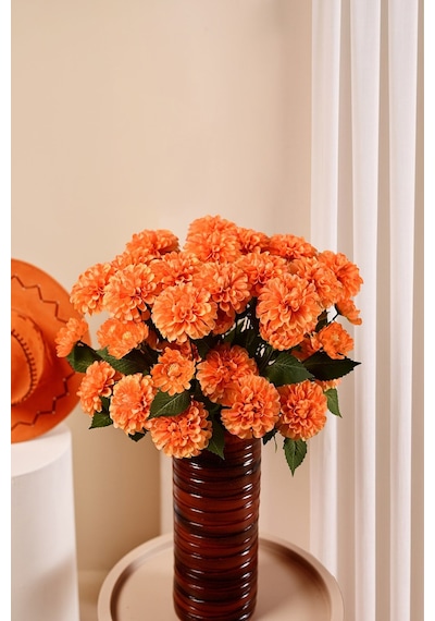 Turuncu Yapay Dahlia Yıldız Çiçeği 3 Dallı Lüx İpeksi Dokulu 75 Cm
