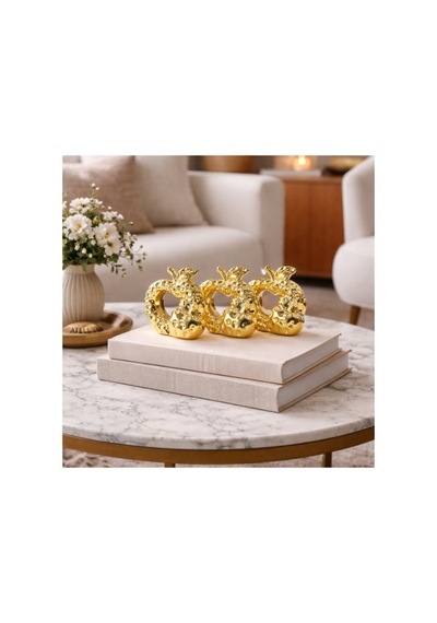 5 Adet Dokulu Çift Elma Biblo Orta Boy Seramik Dekoratif Obje, Parlak Gold Kaplama, Ev Ve Ofis Aksesuarı, Decorative Ornament