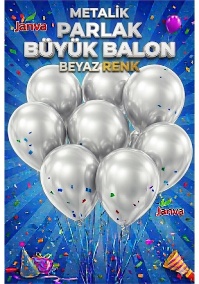100 Adet Metalik Parlak Büyük Boy Balon Parti Doğum Günü Açılış Süsleme Kutlama Beyaz