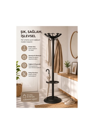 Lavons Portmanto Ayaklı Askılık Vestiyer Elbise Askısı Siyah