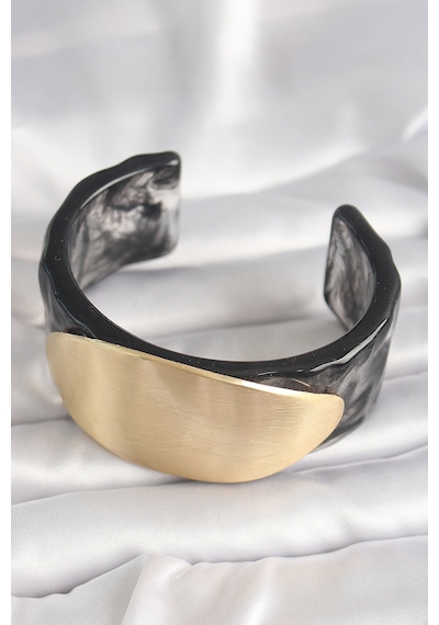 Siyah Mermer Desen Akrilik Plastik Gold Oval Plaka Model Vintage Kadın Bilezik Altın