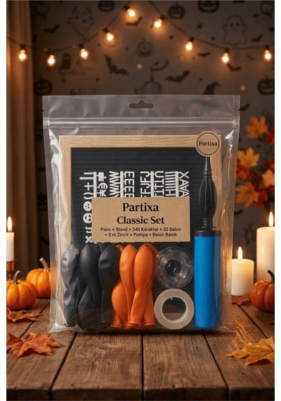 Cadılar Bayramı Halloween Süsleme Classic Set Siyah Keçe Yazı Panosu Standlı Pompa Balon Zincirli Çocuk