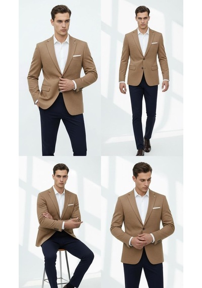 Plus Scorpion Erkek Esnek Kumaş Slim Fit Blazer Ceket Günlük & Ofis Şıklığı Taba