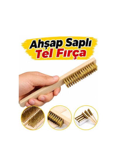 Ahşap Saplı Tel Fırça Pirinç Çelik Tel Fırça Pas Boya Kir Temizleme Fırçası 20 Cm