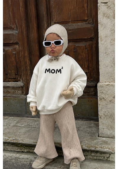 Monila Unisex Çocuk Anne Baskılı 3 İplik Kumaş Pamuklu Sweatshirt Ekru/siyah