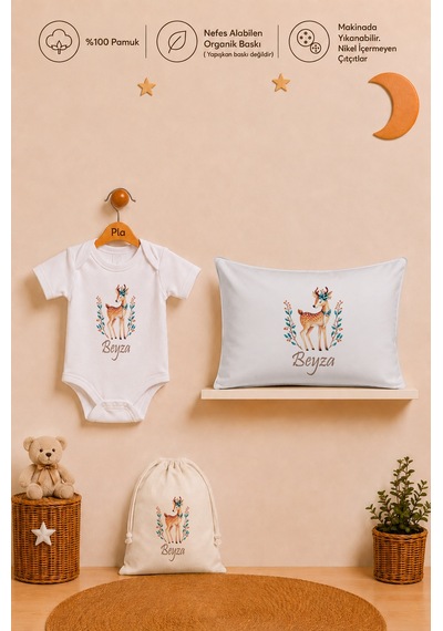 Pia Baby Kız Bebek İsme Özel Hediye Seti %100 Pamuk Body Yastık Kılıfı Ve Ham Bez Bebek Kıyafet Kesesi 2036byk6x Ekru