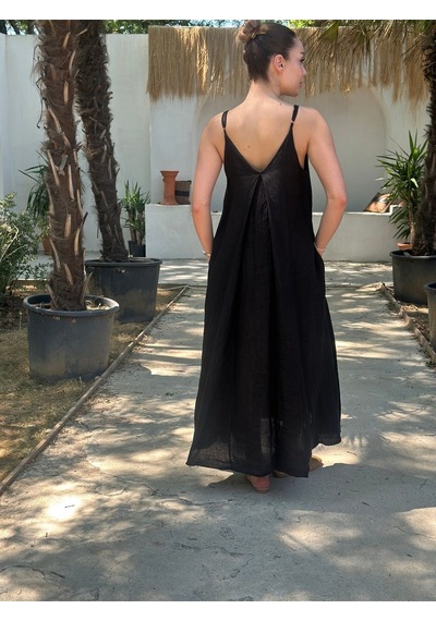 Yazlık Keten Askılı Oversize Elbise Siyah