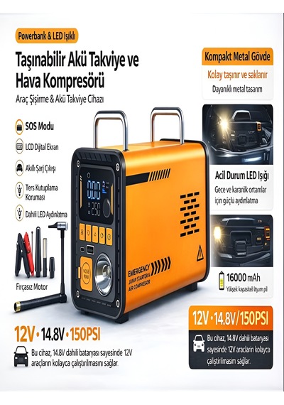 16000mah 14.8v Dijital Ekranlı Araba Akü Takviyeli Kompresör Araç Lastik Şişirme Hava Pompası 150psı Sarı