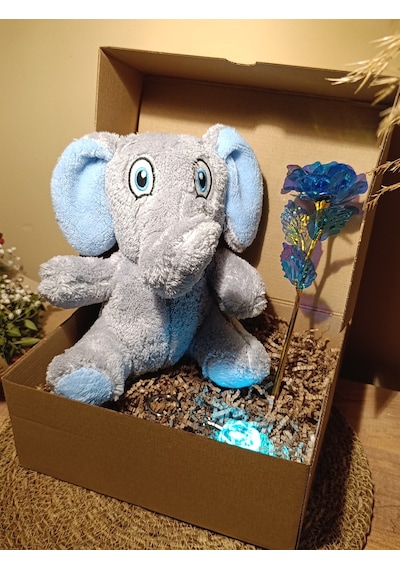 Kutulu Hediye Seti / Peluş Fil 24cm - Renk Değiştiren Işıklı Anahtarlık - Sonsuzluk Gülü