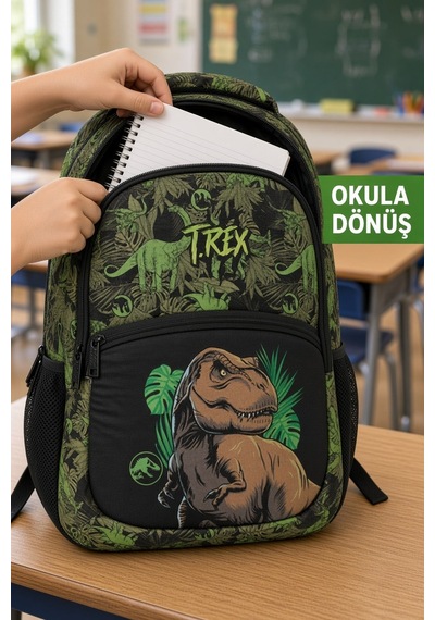 T-rex Dinozor İlkokul Okul Çantası 3 Bölmeli Yeşil Çocuk Sırt Çantası 40 X 30 X 15 Cm Çok Renkli