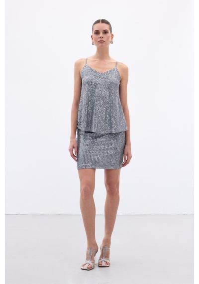 Sateen Payet Detaylı Askılı Bluz - Gri-136645 Gri Sateen Payet Detaylı Askılı Bluz - Gri-136645 Gri