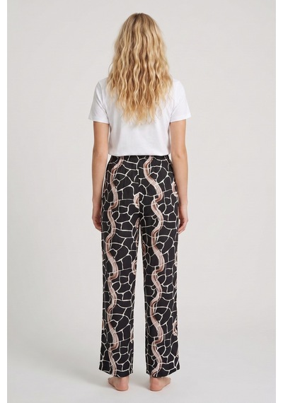Aura Collections Kadın Sandy Kumaş Mozaik Desenli Pijama Altı Beli Lastikli İpli Rahat Kesim Geniş Paça Dökümlü Ev Giyim Pantolon Siyah