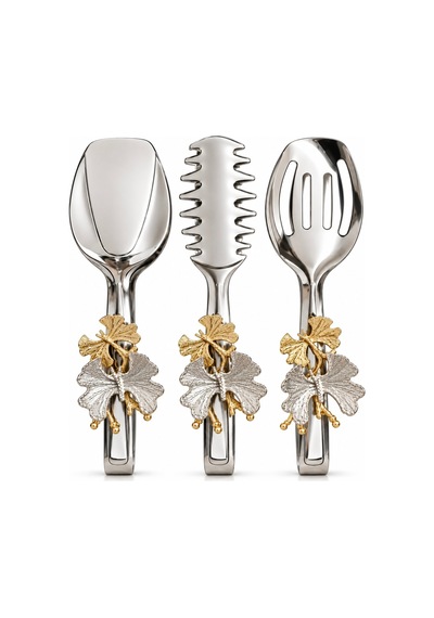 Premium 3 Lü Servis Maşa Seti, Gold Gümüş Detaylı Makarna Salata Pasta Kek Sunum Maşa Seti