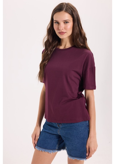 Tudors Kadın Relax Fit Rahat Kesim %100 Pamuk Bisiklet Yaka Bordo Tişört-51172