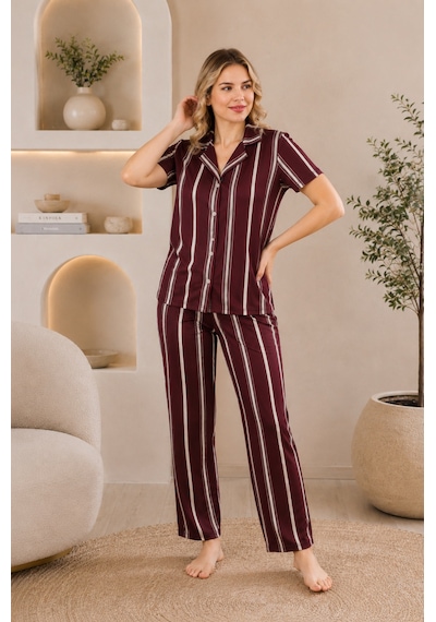 Wordex Mirano 4868 Dijital Baskı Kumaş Düğmeli Kısa Kolu Çizgili Kadın Pijama Takımı Kahverengi Wordex Mirano 4868 Dijital Baskı Kumaş Düğmeli Kısa Kolu Çizgili Kadın Pijama Takımı Kahverengi