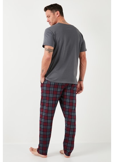 Buratti Ekoseli Pamuklu Beli Lastikli Regular Fit Kısa Kollu Erkek Pijama Takımı 6572004 Füme