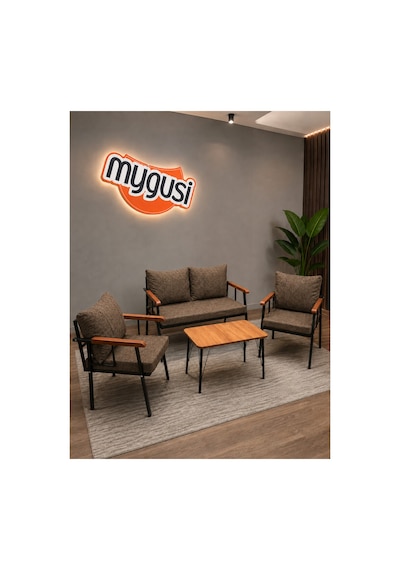 Mygusi Erva Serisi Balkon, Bahçe, Cafe - Metal Kanepe Koltuk Takımı - 211 40 70 Sehpalı - Kahverengi