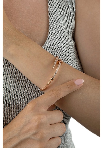 Pembe Altın Kaplama 925 Ayar Gümüş Çivi Motifli Taşlı Kelepçe Bilezik Rose Gold