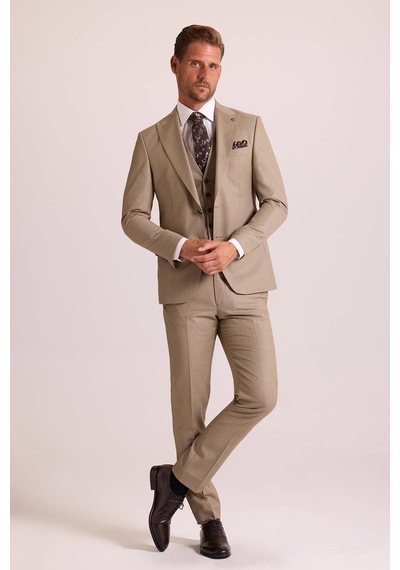 Ysf Erkek Bej Slim Fit Sivri Yaka Yelekli Takım Elbise Bej