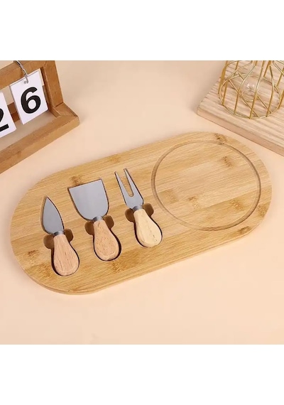 Bambu Peynir Sunum Tabağı, 3 Parça Peynir Bıçağı Ve Çatalı Seti, Toplam 4 Parça, Doğal Ve Şık Peynir Tabağı, Kaliteli Sunum Seti 34x20 Cm Ebatlarında Çok renkli
