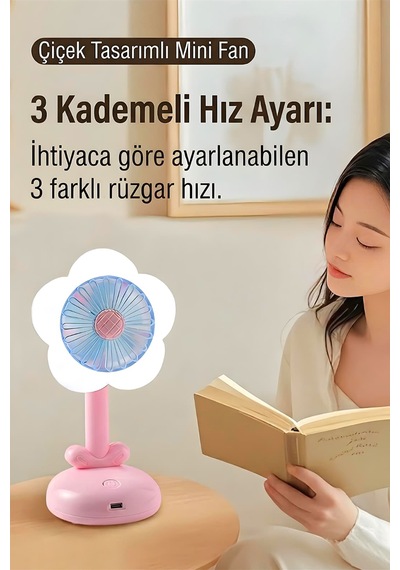 Işıklı Çiçek Tasarımlı Mini Fan Mavi 3 Kademeli Masaüstü Vantilatör Pembe