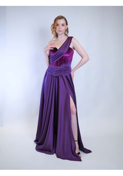 Crystalia Opia Dress Saten Kadife Detaylı - Mor Mor