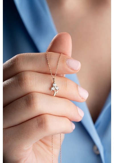 925 Ayar Gümüş Rose Kaplama 3 Yapraklı Yonca Kolye Rose Gold