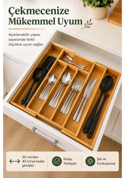 Bambu Kaşıklık Ayarlanabilir Çekmece İçi Çatal Kaşık Bıçak Düzenleyici Organizer 30-43x35 Cm Kahverengi