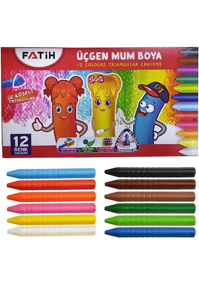 Üçgen Mum Boya 12 Li 1 Paket 12 Renk Üçgen Mumboya Elleri Kirletmeyen Yıkanabilir Silinebilir Karton Kutu